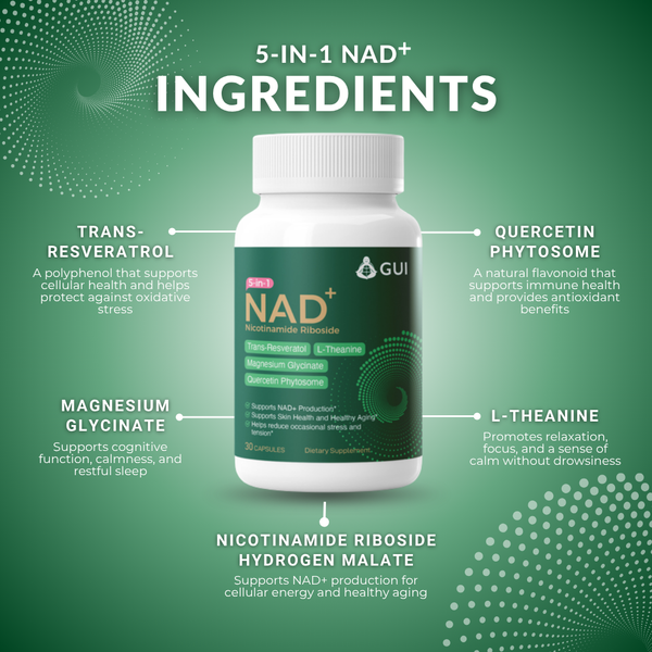 5-in-1 NAD+ with Magnesium Glycinate, L-Theanine, Resveratrol, Quercetin