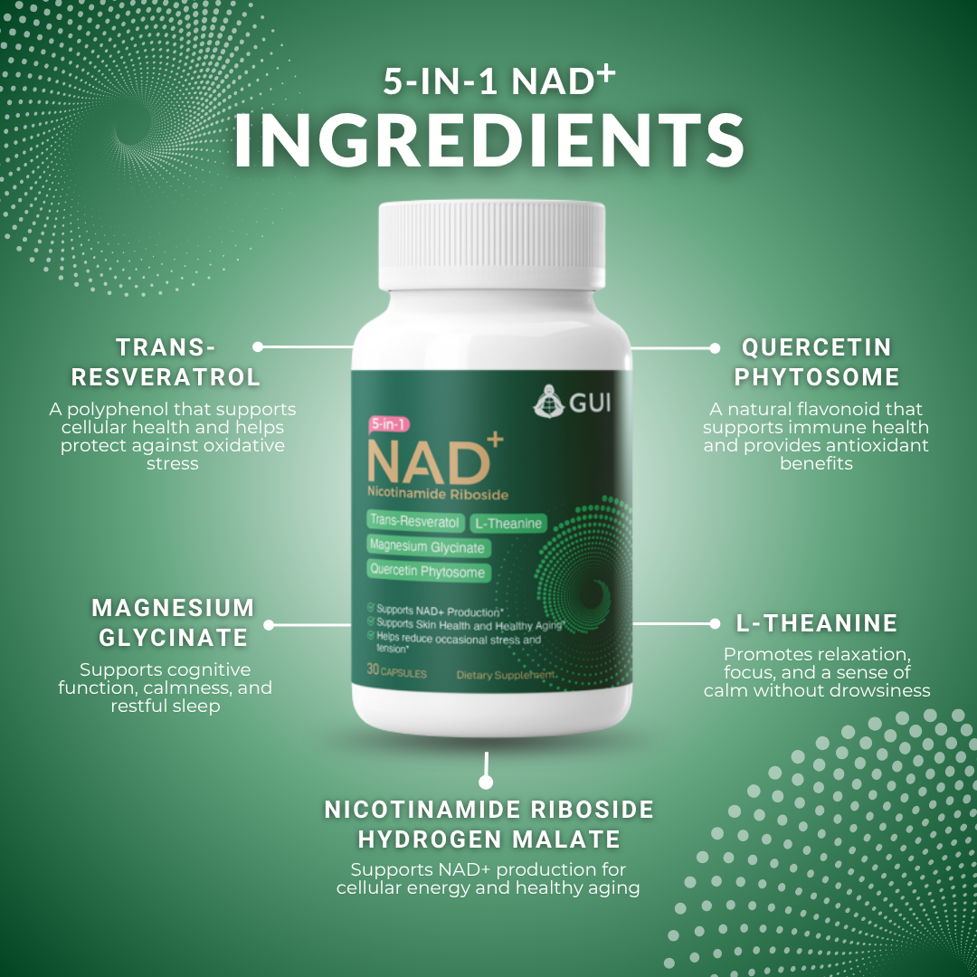 5-in-1 NAD+ with Magnesium Glycinate, L-Theanine, Resveratrol, Quercetin